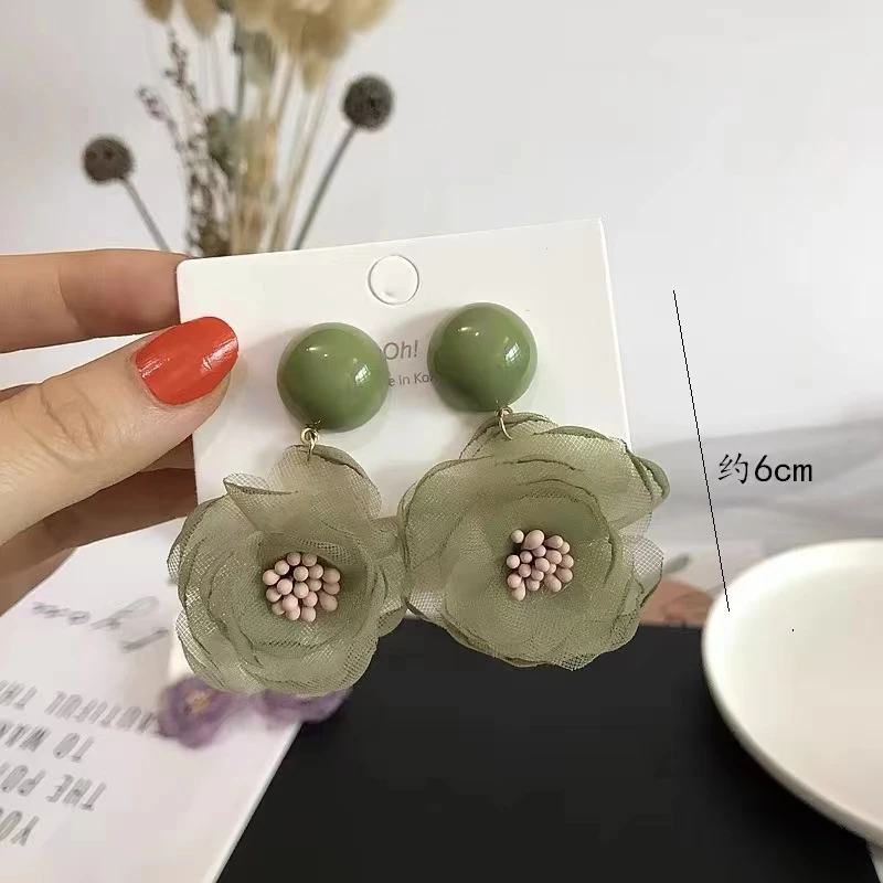 非金属布艺耳饰  超仙绿色网纱花朵耳环少新款爆款耳钉港风耳饰