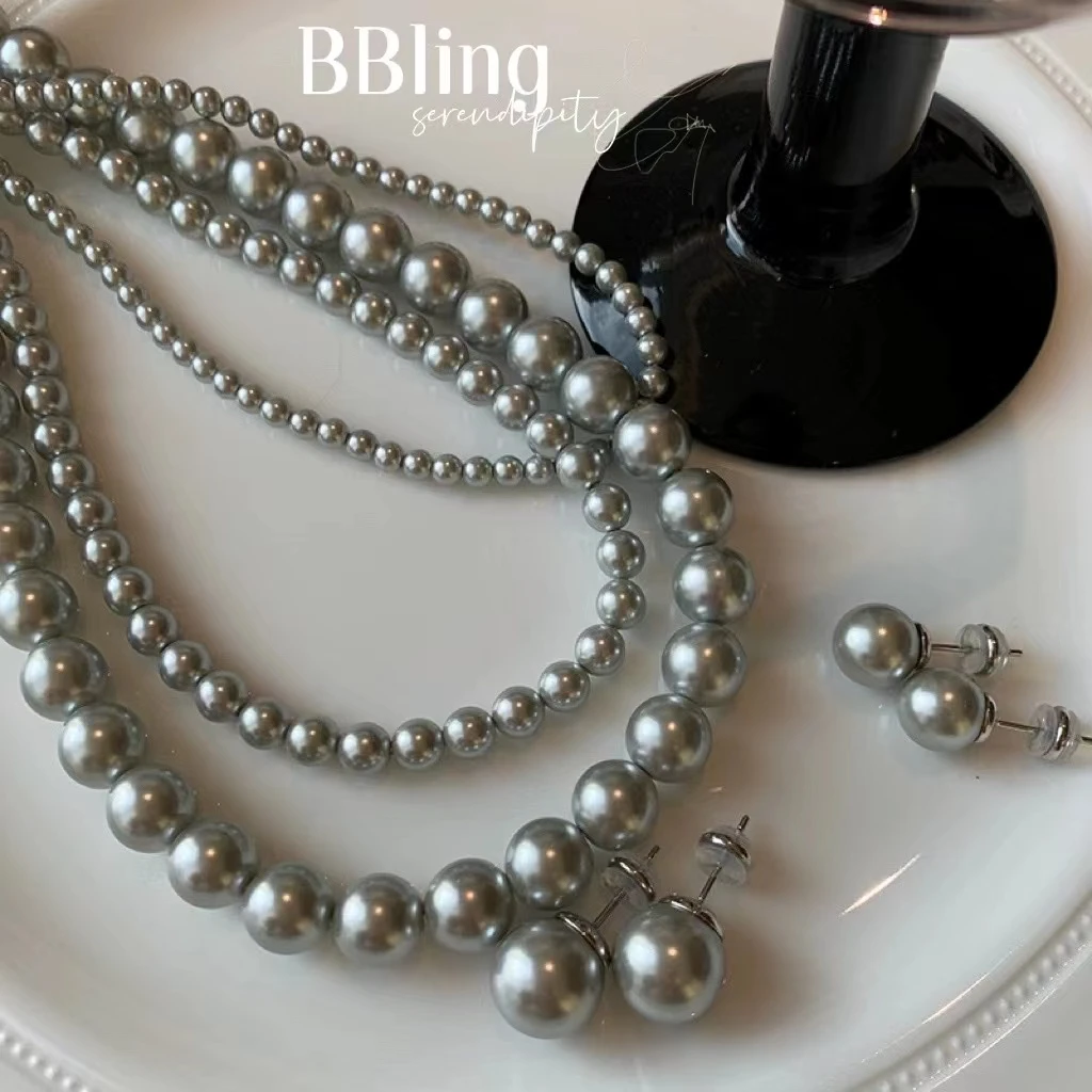 铜合金仿珍珠项链 施家银灰珍珠项链叠戴复古冷淡风轻奢锁骨链