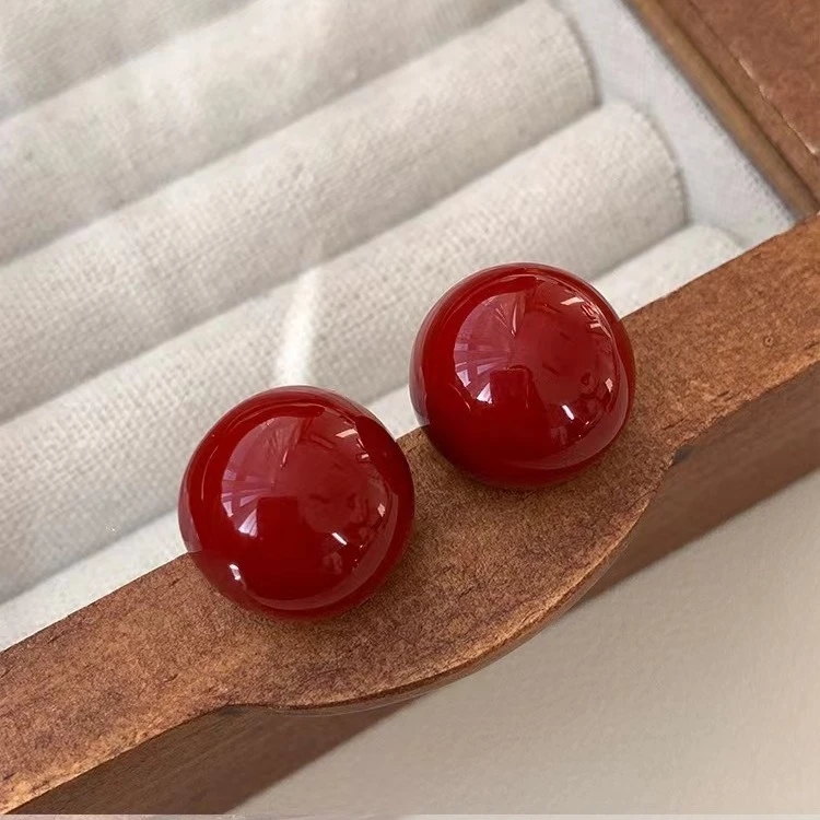 铜合金仿珍珠耳饰  高级感酒红几何圆形耳环女2024新款爆款耳钉女