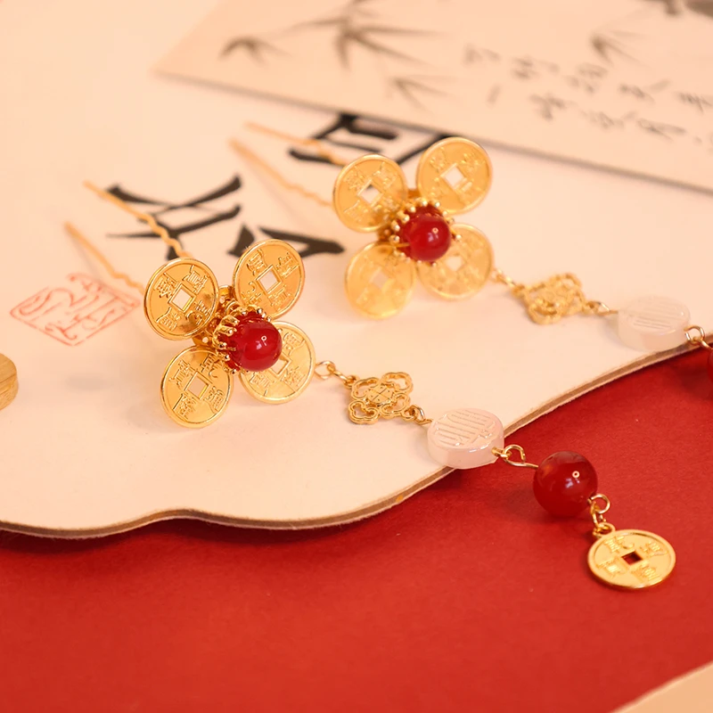 古风精致铜钱小U钗发饰汉服点缀流苏步摇簪子钗明制头饰百搭配饰