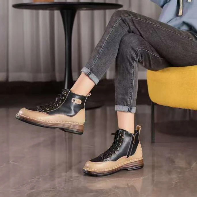 低跟牛皮加绒休闲马丁靴182351黑色