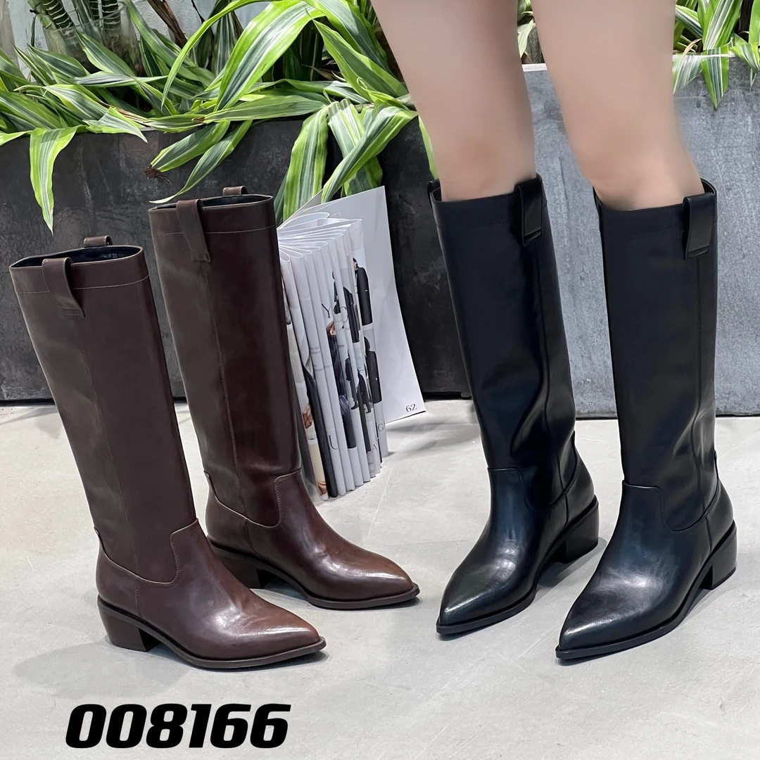 粗跟抓花牛皮长靴薄绒008166