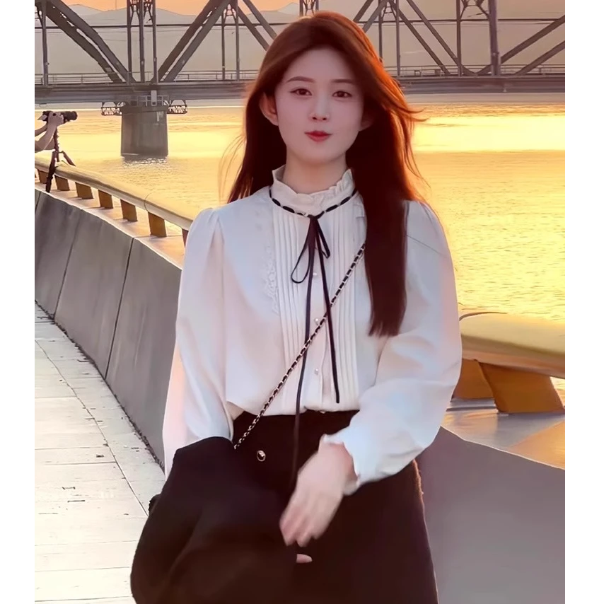 法式复古木耳边衬衫女春秋长袖小个子系带上衣气质内搭小衫0028