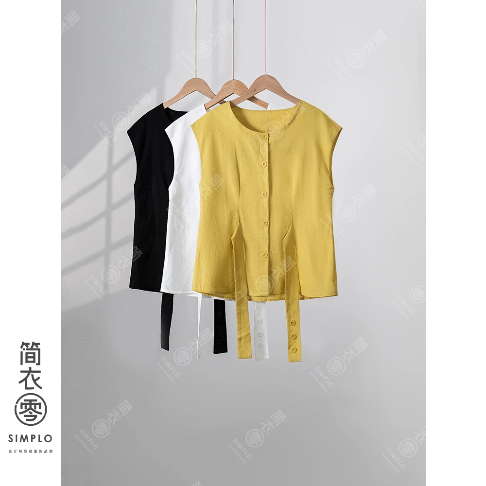 韩系圆领单排扣收腰无袖衬衫2024气质显瘦百搭纯色素衬衣小衫9021