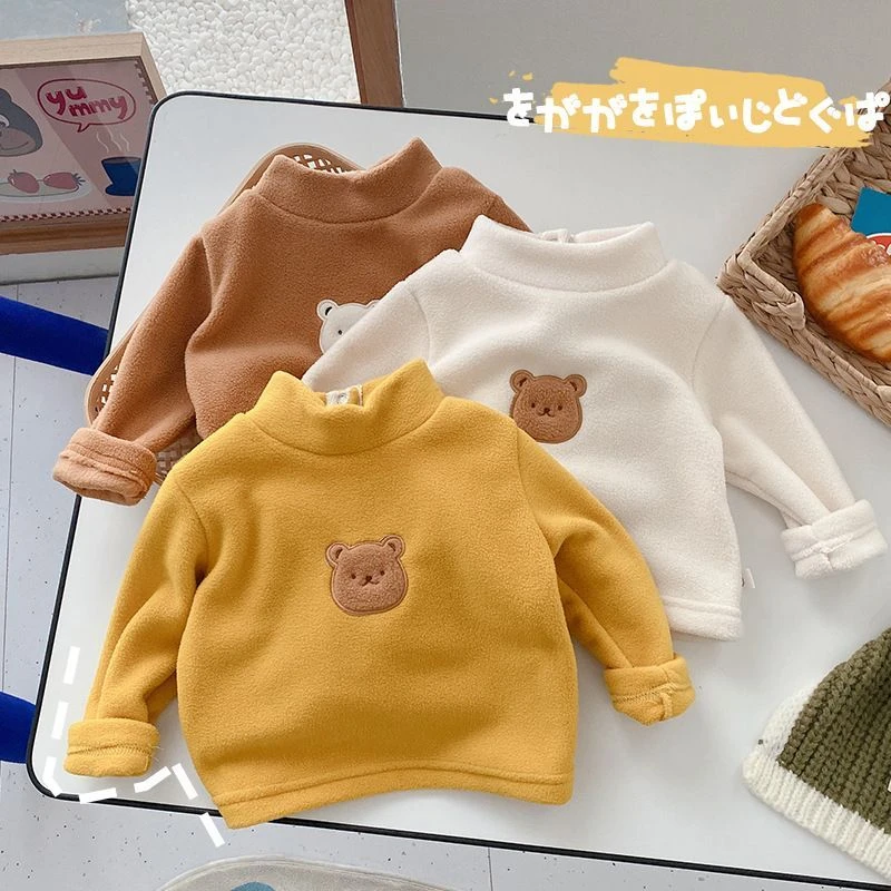 婴幼儿童双面绒半高领打底衫0-3岁秋冬装男女宝宝小熊保暖上衣潮