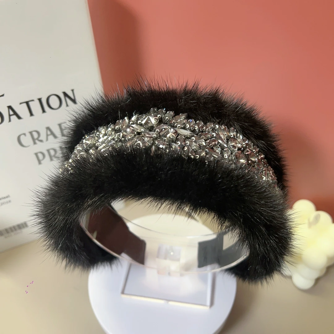 秋冬新款原创高奢水貂毛满钻发箍直播爆款宽边百搭洋气显脸小发饰