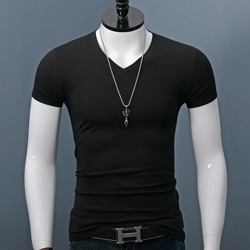 紧身纯黑色精棉短袖男V领t恤修身体恤纯色打底衫黑半袖衫夏季上衣