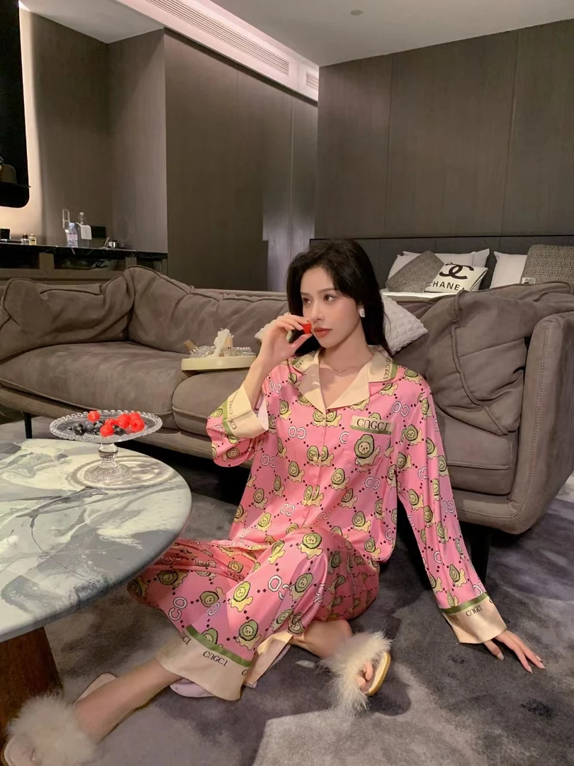 蚕贵人睡衣女士冰丝高奢法式翻领开衫长袖长裤家居服套装3373