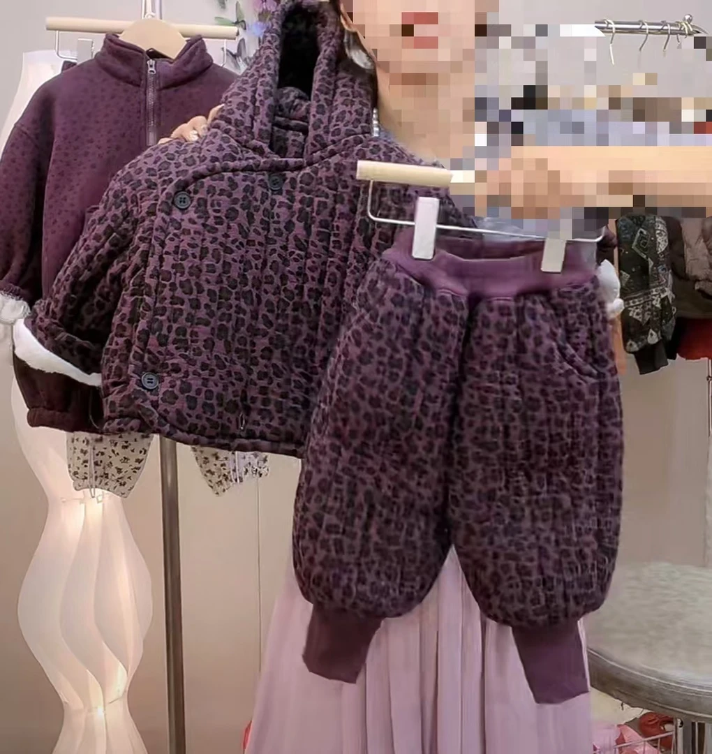 【安小贝专属】儿童套装冬款洋气男女宝宝豹纹加绒加厚连帽棉服棉裤