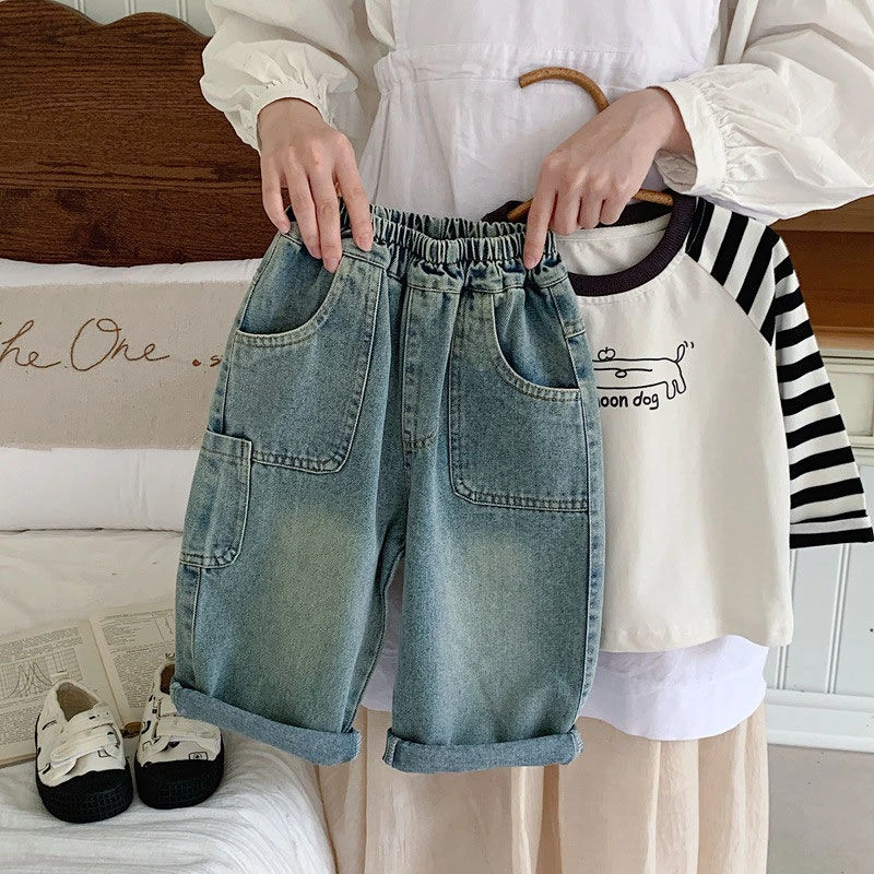 男童春季长裤复古做旧牛仔裤儿童直筒裤韩版宽松男孩潮酷日系春秋