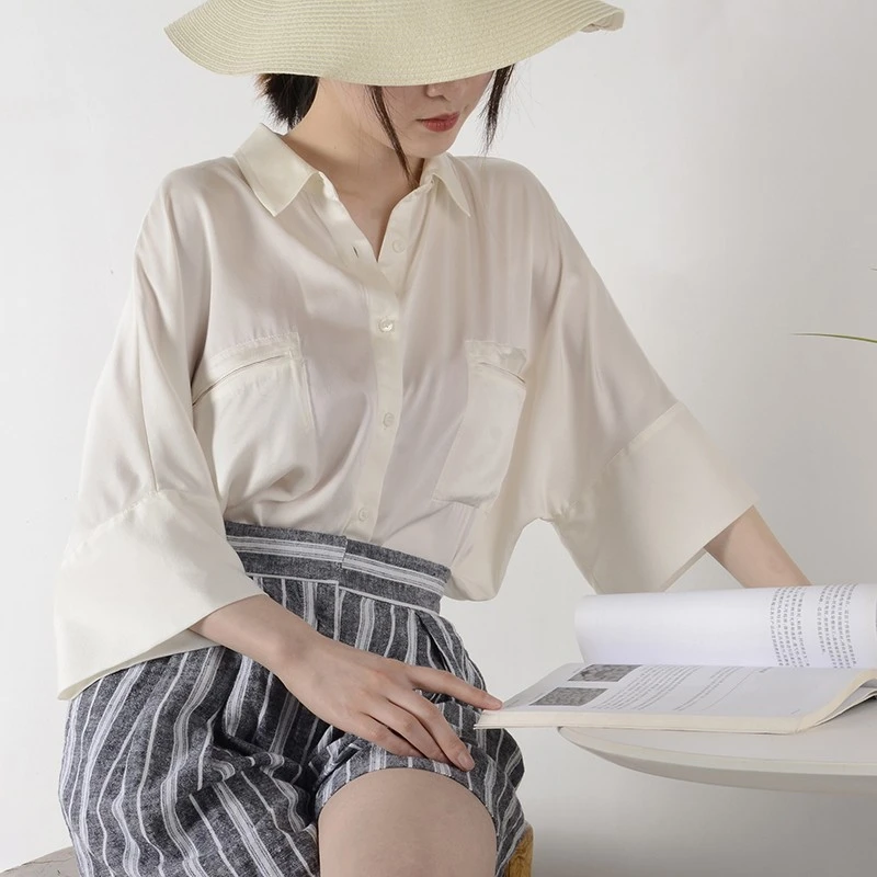 秋木珠光感宽松短袖蝙蝠袖重磅真丝短袖衬衫桑蚕丝女上衣YS004