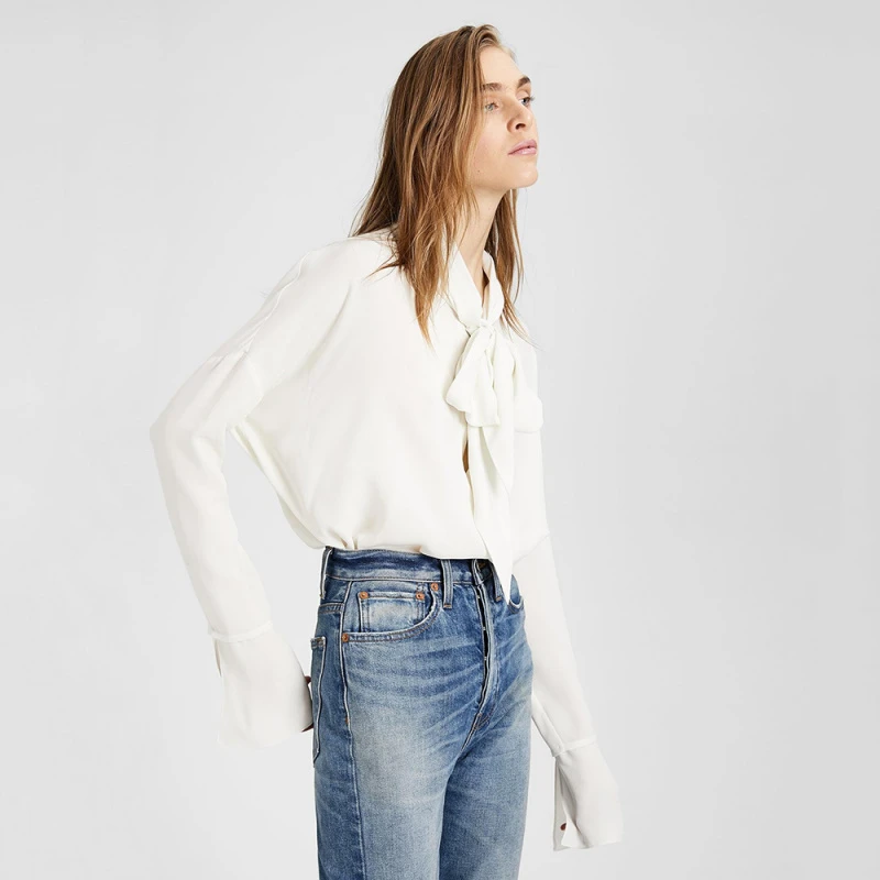 真丝衬衫女长喇叭袖气质女神范宽松飘带领白色桑蚕丝上衣D020301