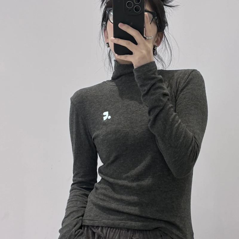 韩国小众设计R高街潮牌24高领刺绣小标长袖打底衫T恤女修身