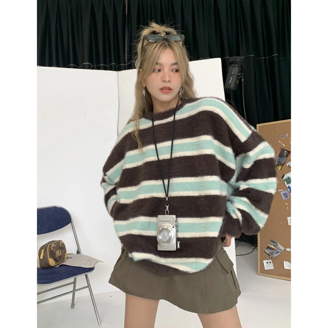 NIDEBLACK韩系少女条纹毛衣秋季美式复古慵懒风马海毛长袖针织衫