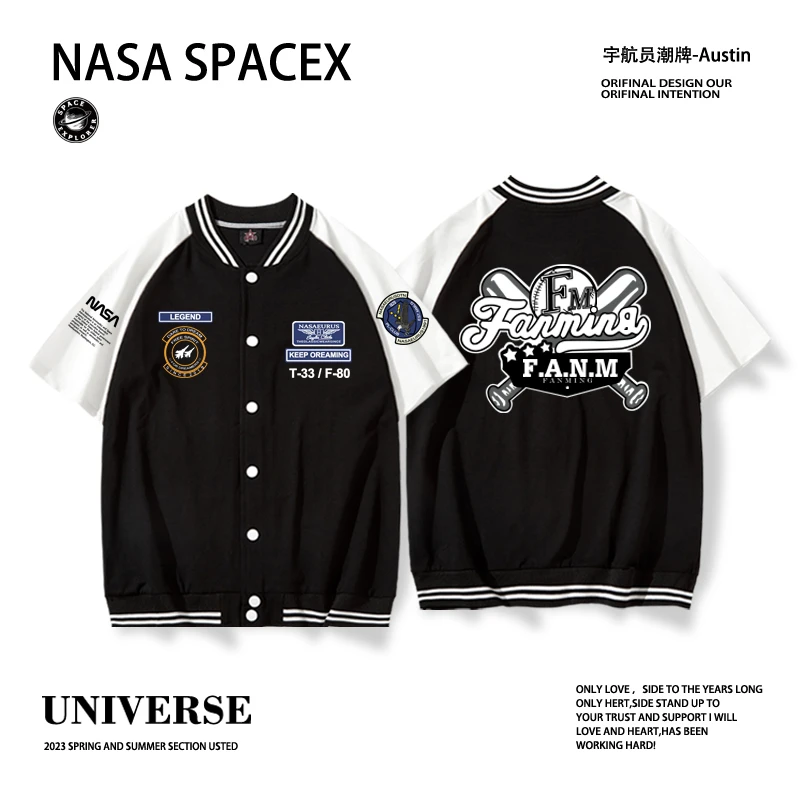 NASA新款男士宇航印花棒球短袖夏季运动宽松训练服拼接撞色短袖