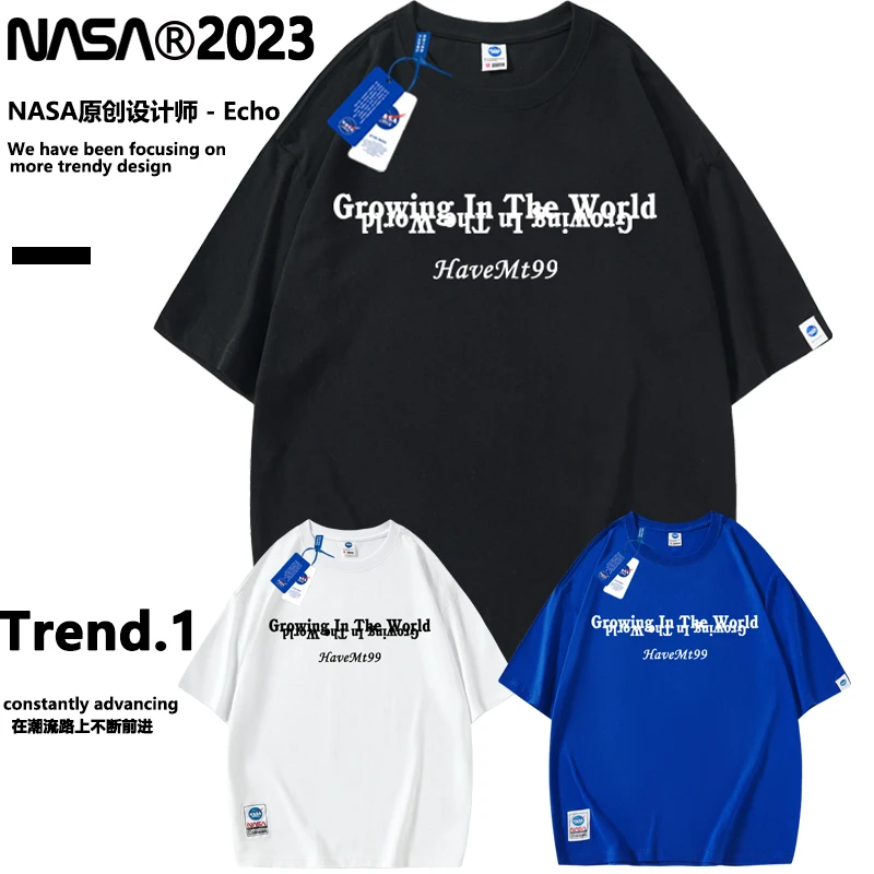 NASA高端潮牌简约字母圆领短袖夏季宽松透气T恤纯棉百搭男士短袖
