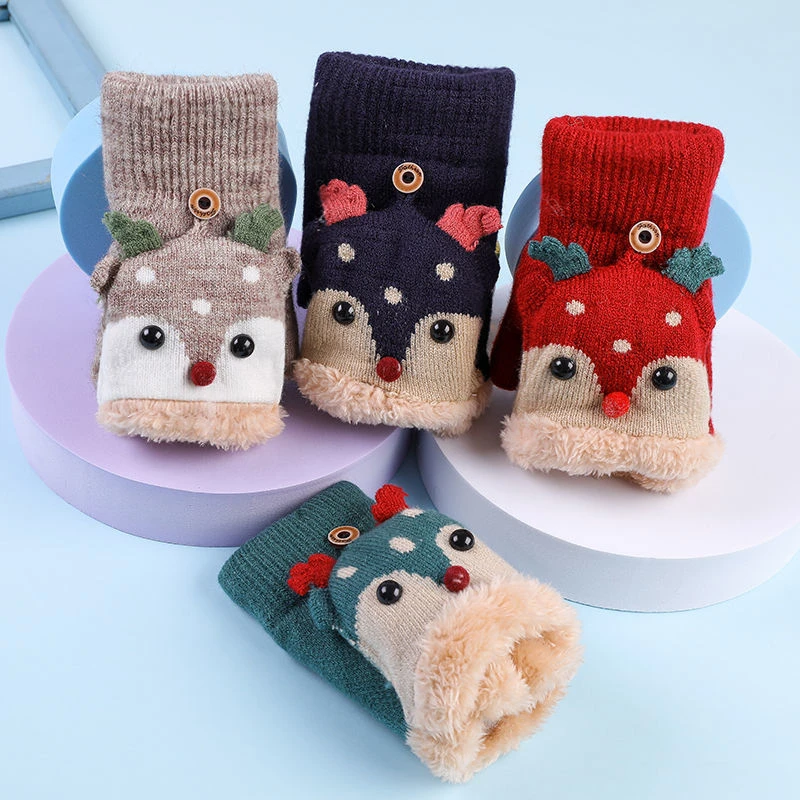 手套男女通用冬天防寒翻盖半指加绒加厚保暖可爱学生写字卡通露指