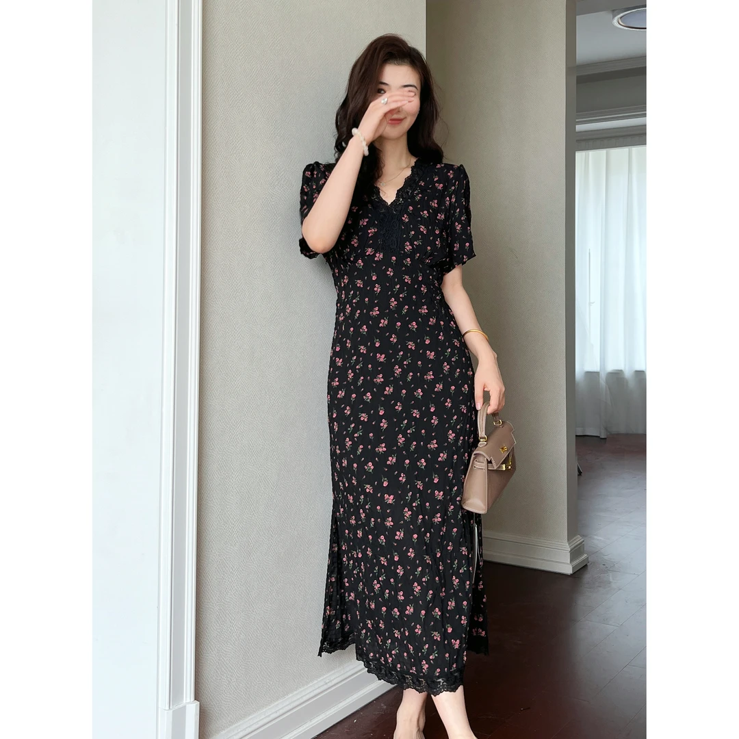 碎花显瘦气质夏季复古法式收腰女装连衣裙