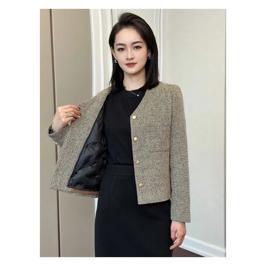 唐糖 丝绒拿铁90鸭绒羊毛美拉德v小香羽绒服显瘦加厚保暖冬季