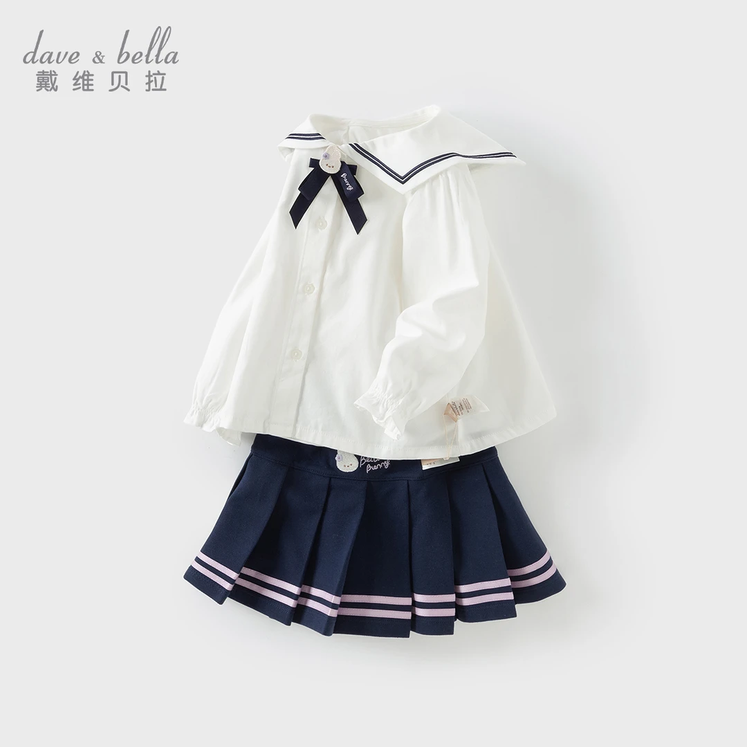 【25年秋】戴维贝拉女童百褶裙套装学院风幼儿园宝宝海军领条纹上衣