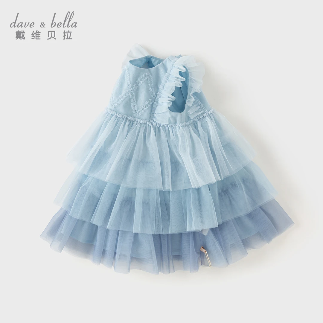 戴维贝拉25年夏款儿童连衣裙蓝色无袖女童背心裙女宝宝蛋糕裙子