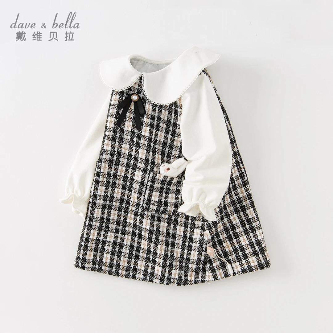 戴维贝拉女童秋款小香连衣裙女宝宝洋气小翻领格子裙DB3236155