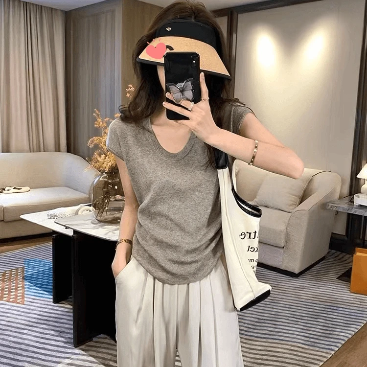 软糯薄款U领短袖冰丝针织衫T恤女2025夏季新款修身半袖打底衫上衣