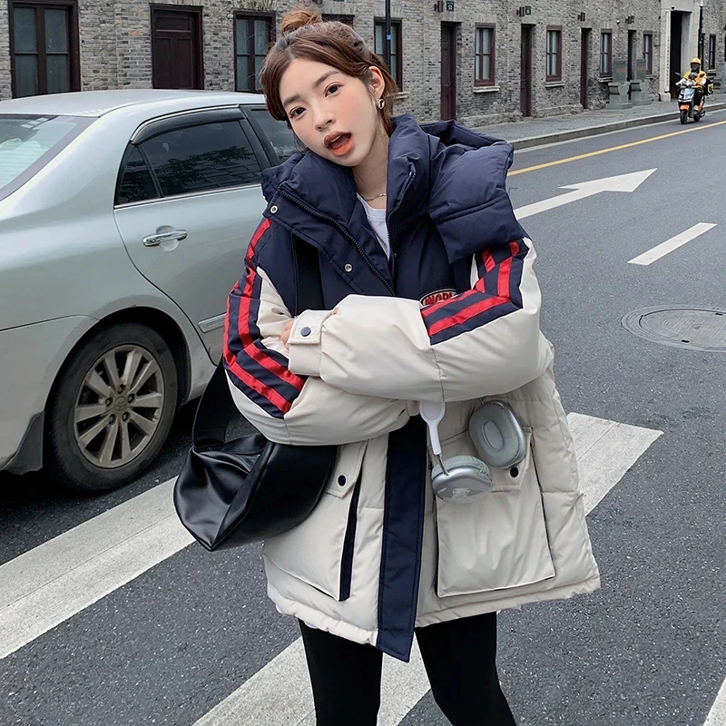 拼色工装面包服韩版冬季宽松大码学院连帽短款棉服外套女冬装棉衣