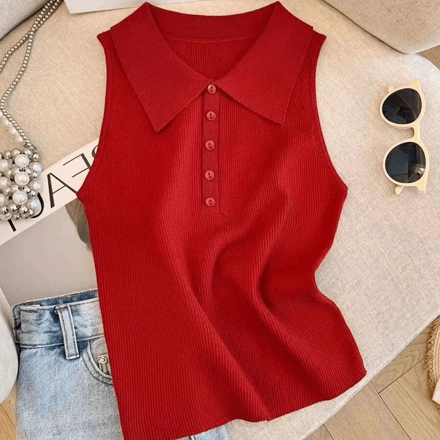 港风气质复古polo衫无袖背心上衣女夏季高级感修身短款小吊带外穿