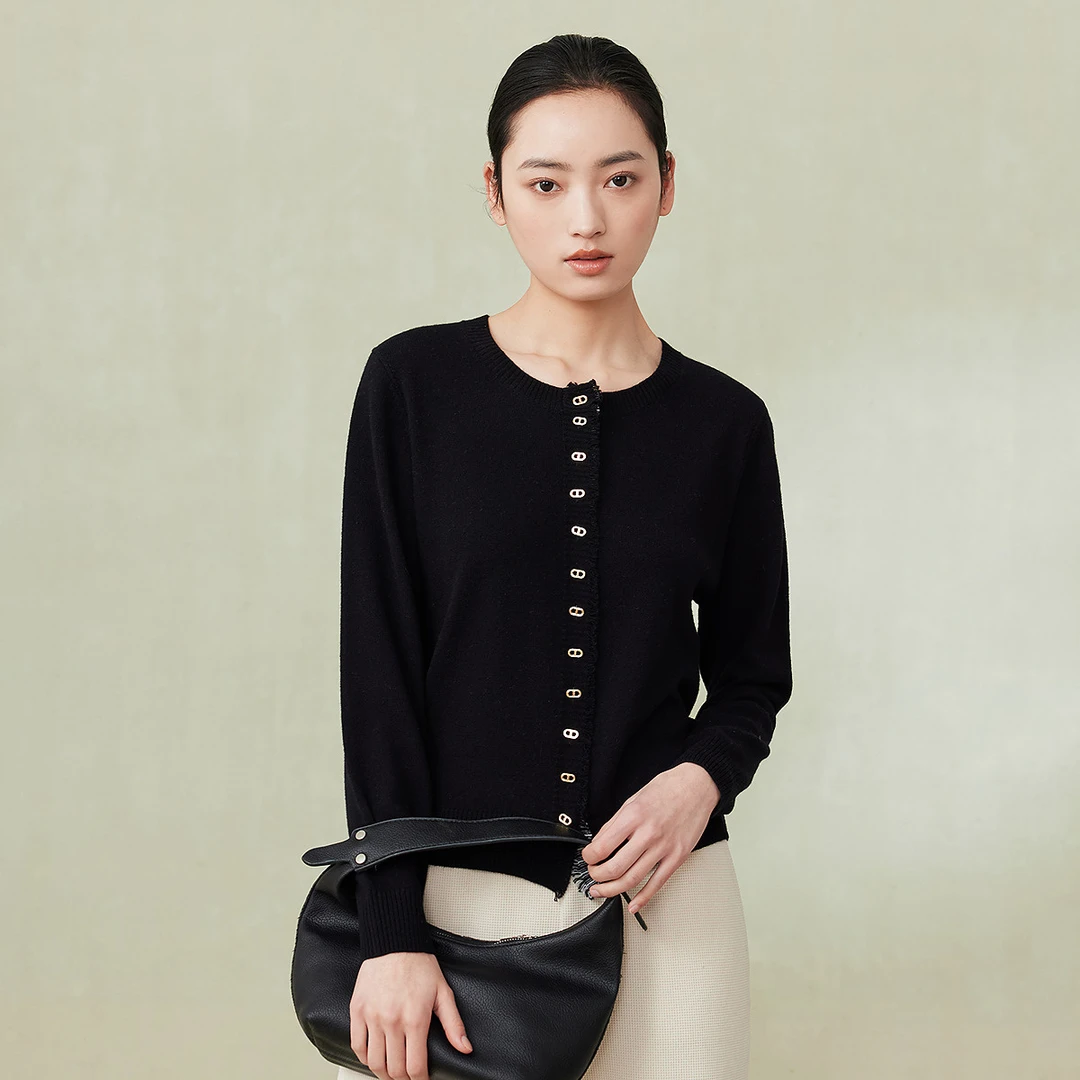 【籽言专属】FINITY 新款100%绵羊毛长袖黑色百搭针织衫 F21X2A28Z1