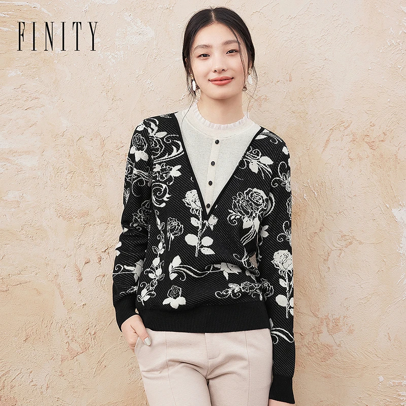 【籽言专属】FINITY 针织衫时尚复古宽松提花气质羊绒 F21X9D39S5