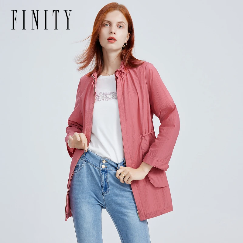FINITY菲妮迪春季新款短外套女中长款宽松休闲连帽风衣F20SDT015F