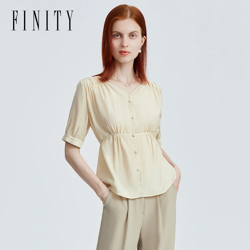 FINITY菲妮迪新款暗提花休闲蕾丝衫轻奢气质时尚简约短袖上衣女装