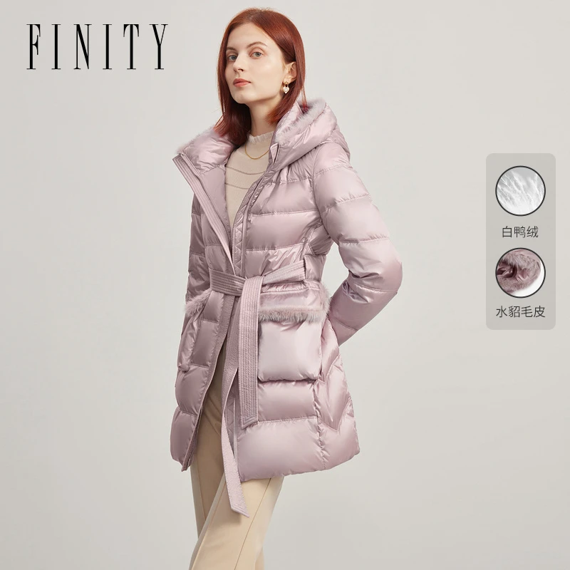 FINITY 冬季新款羽绒服连帽时尚外套保暖收腰女装女士加厚白鸭绒