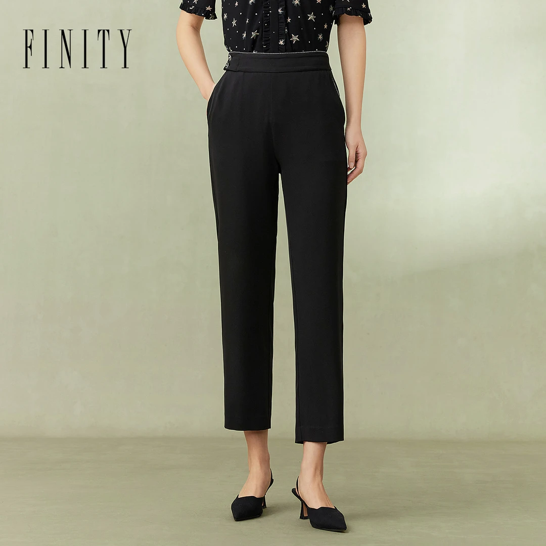 【小水专属】FINITY 高腰显瘦九分直筒薄款黑色休闲裤 F21X3E01K5