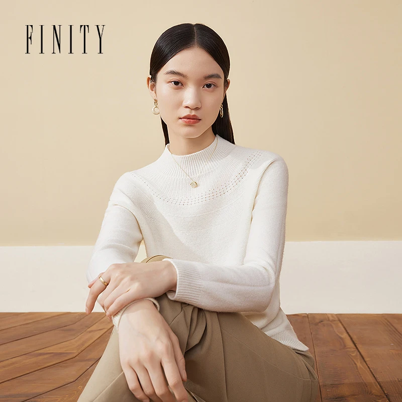 FINITY新品菲妮迪针织衫蕾丝气质长袖半高领圆领秋冬提花套头