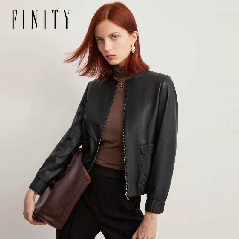 FINITY菲妮迪新款皮衣真皮时尚女休闲百搭圆领外套气质休闲时尚