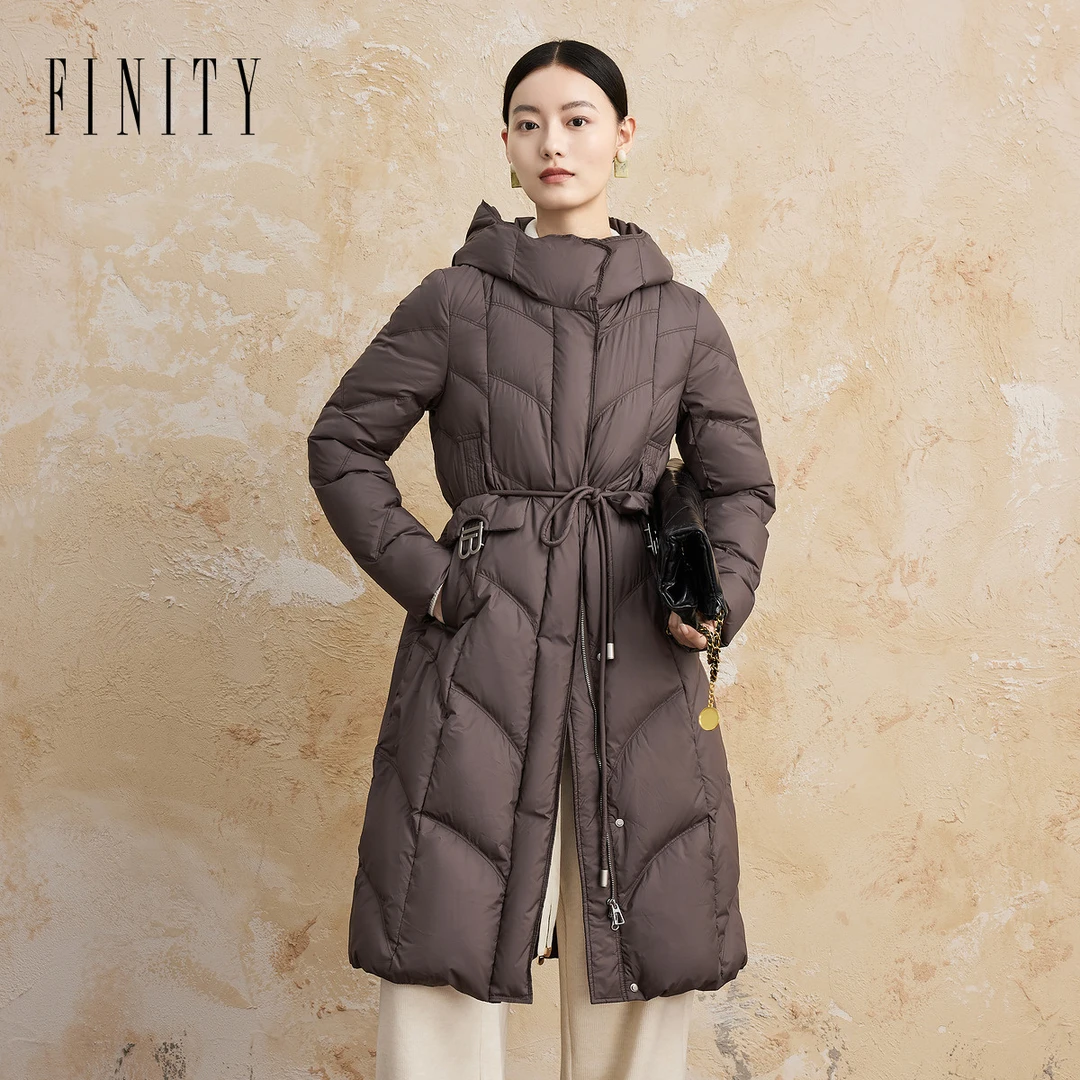 FINITY羽绒服时尚休闲女士连帽收腰中长款保暖冬季显瘦宽松修身