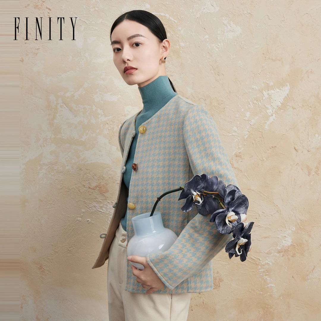 【小晴专属】FINITY 新款千鸟格毛呢外套小香风复古 F21W8E40D1