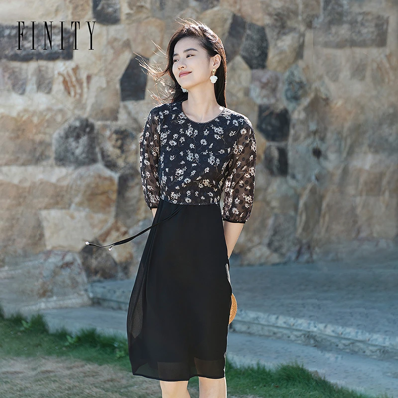 【小水专属】FINITY 新款假两件收腰优雅印花女装连衣裙 F21X6B05L5