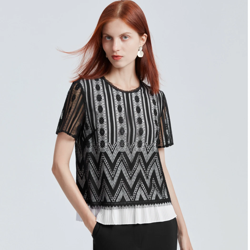 FINITY新款夏季黑白蕾丝上衣女提花洋气碎花气质休闲女士百搭显瘦