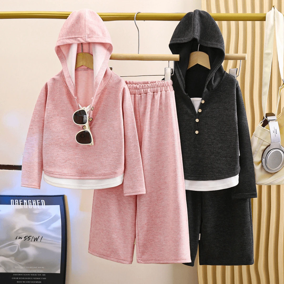 休闲打底假两件套装童装儿童连帽衫套装阔腿裤中童春秋款宝宝裤子