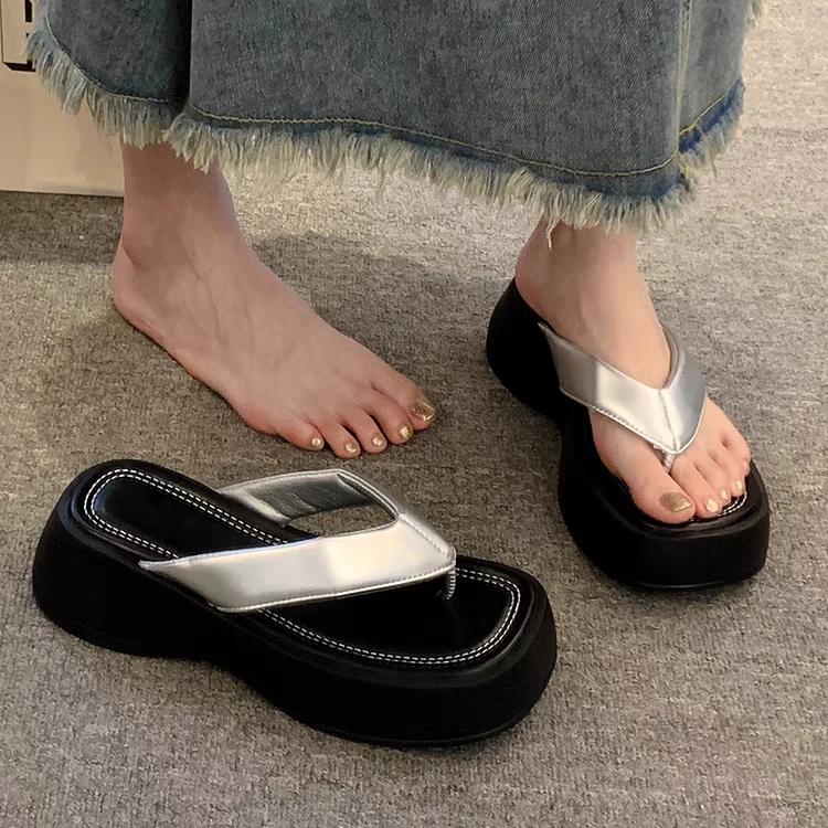 时尚休闲凉拖沙滩拖鞋女款夏外穿厚底夹脚增高人字拖2024新款女鞋