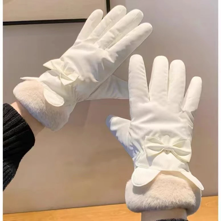 冬季小兔耳朵女士手套触屏蝴蝶结加厚加绒保暖防风滑雪棉手套防水