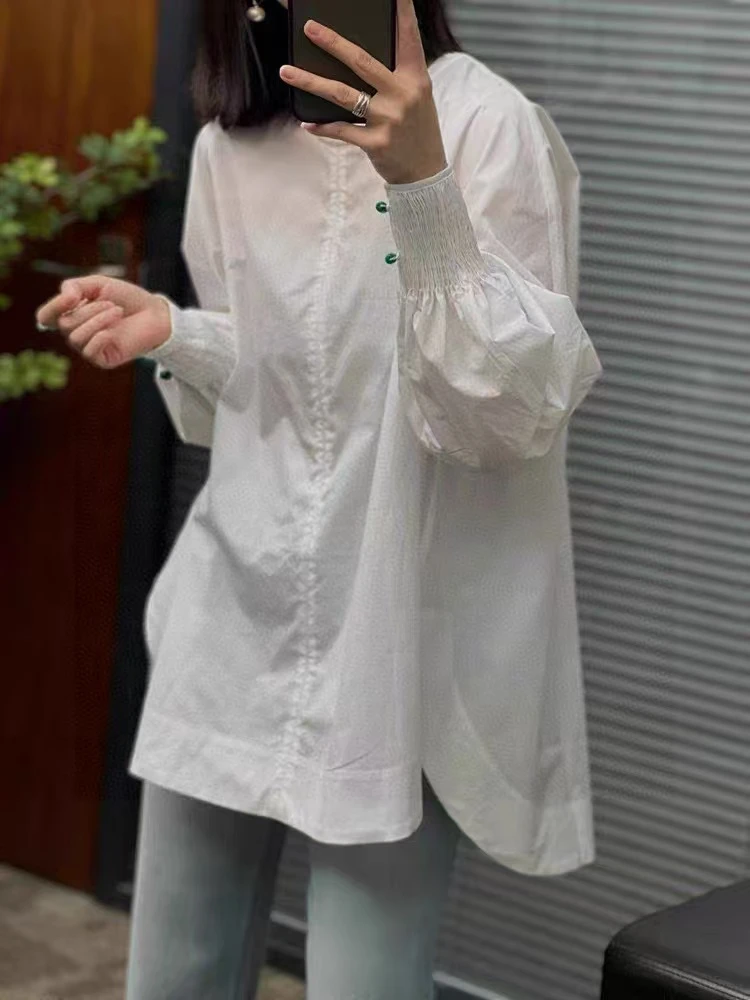 简约宽松白衬衫女复古气质显瘦灯笼袖内搭上衣