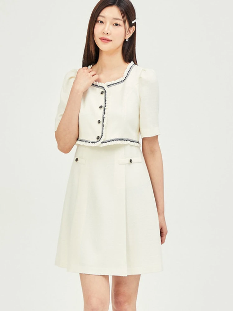 韩国订单精致假两件套收腰小香风连衣裙