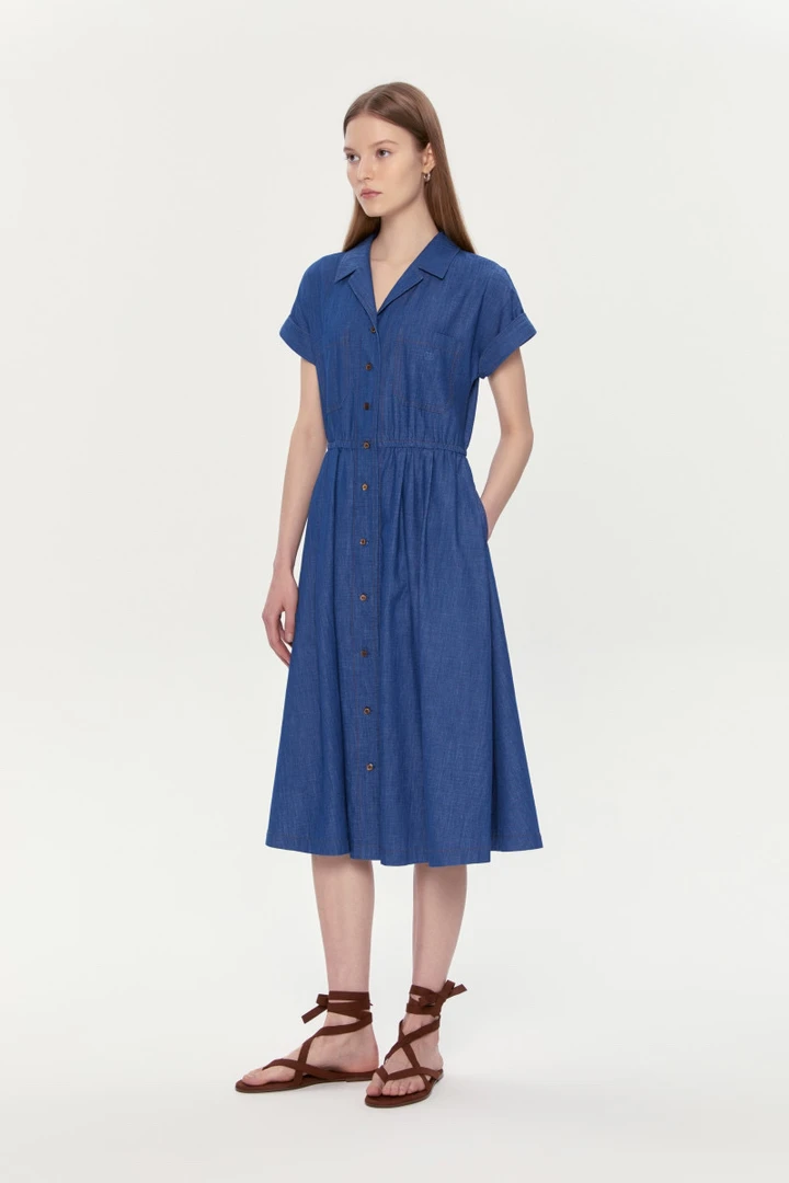 韩国订单24夏客供洗水薄牛仔面料皮筋腰连衣裙显瘦气质蓝色时尚