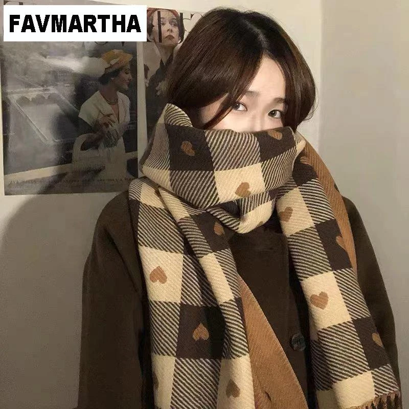 FAVMARTHA双面爱心格子围巾女冬季韩版高级感百搭披肩学生可爱保