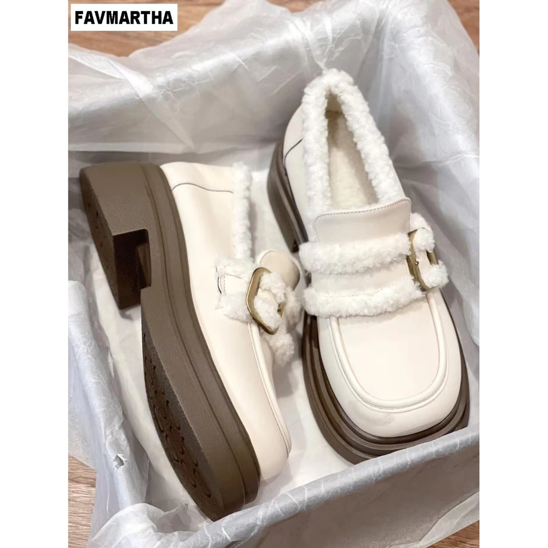 FAVMARTHA毛毛小皮鞋女单鞋2023年秋冬新款圆头皮带扣厚底英伦风