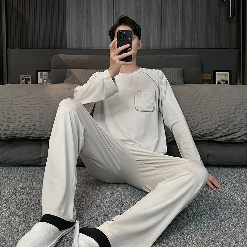 莫代尔男士睡衣春秋款薄款长袖长裤套头家居服休闲简约可外穿套装